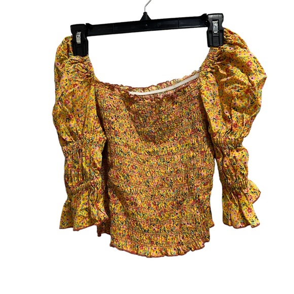 Antheaa NWOT Yellow and Pink Floral Pure Cotton Smocked Top with Puff Sleeves - Picture 6 of 7